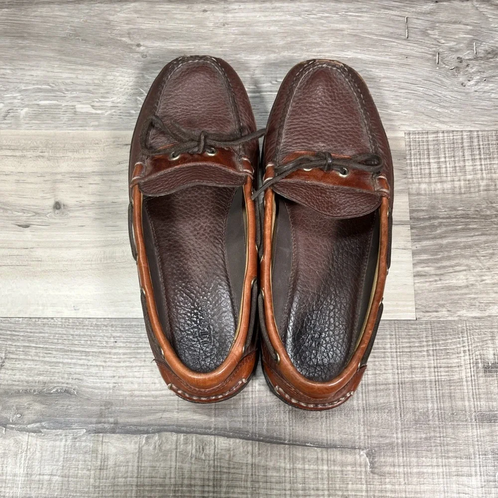 L.L. Bean Allagash Mens 10 D Bison Leather Boat Shoes Slip-On Mock Toe 273080